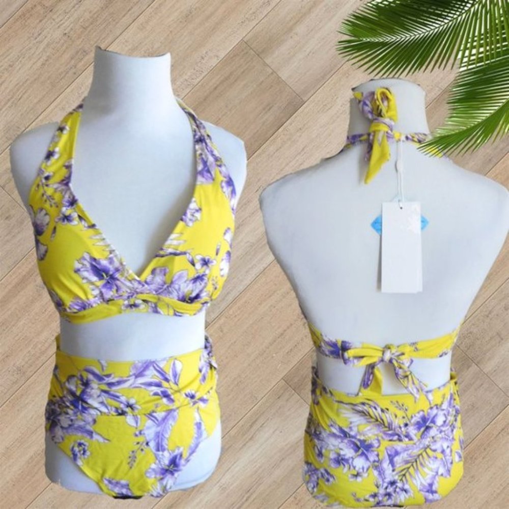 YELLOW PURPLE FLOWER HALTER TWO PIECE SWIMSUIT